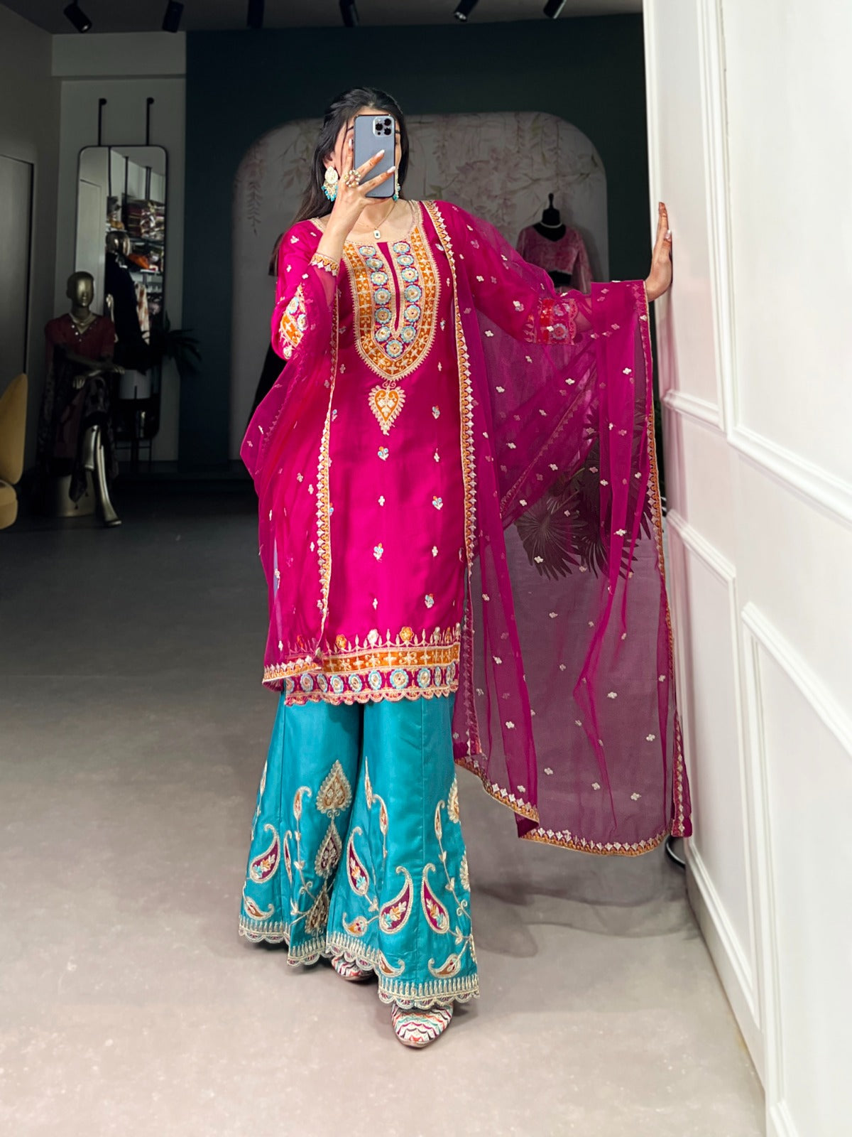 Exquisite Pink Silk Sequins Thread Worked Top Sharara Suit - Ethnicwish