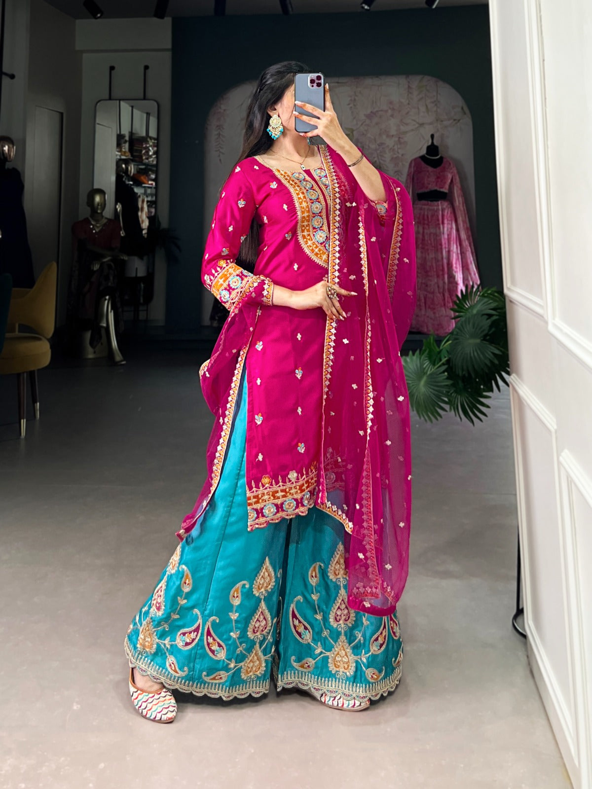 Exquisite Pink Silk Sequins Thread Worked Top Sharara Suit - Ethnicwish