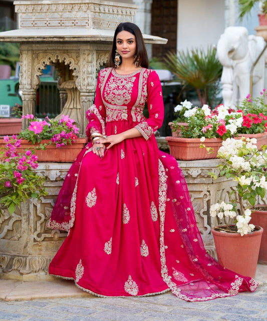 Enchanting Pink Vichitra Silk Thread Embroidered Gown With Dupatta