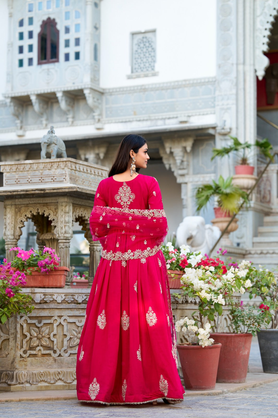 Enchanting Pink Vichitra Silk Thread Embroidered Gown With Dupatta