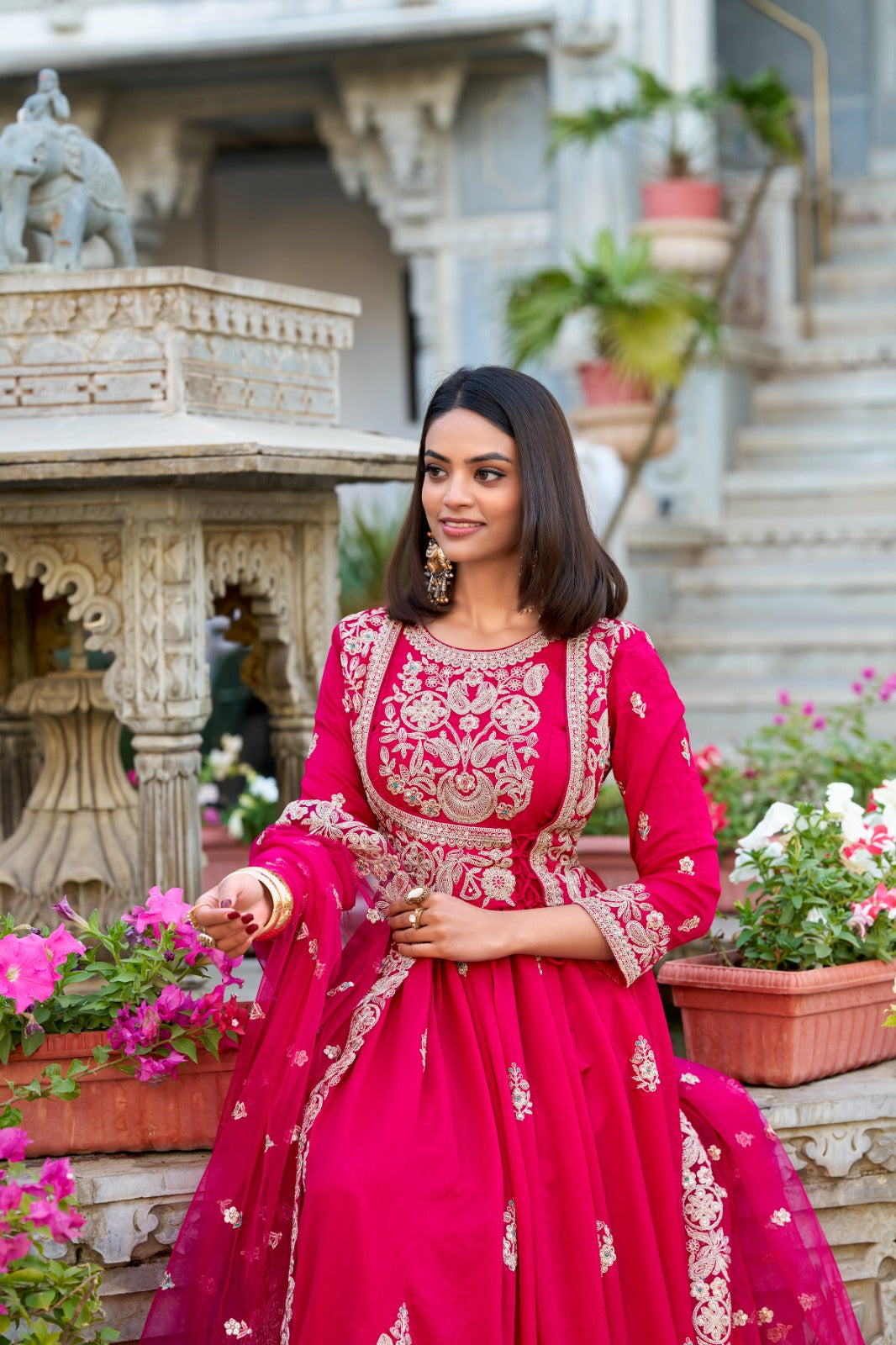 Enchanting Pink Vichitra Silk Thread Embroidered Gown With Dupatta