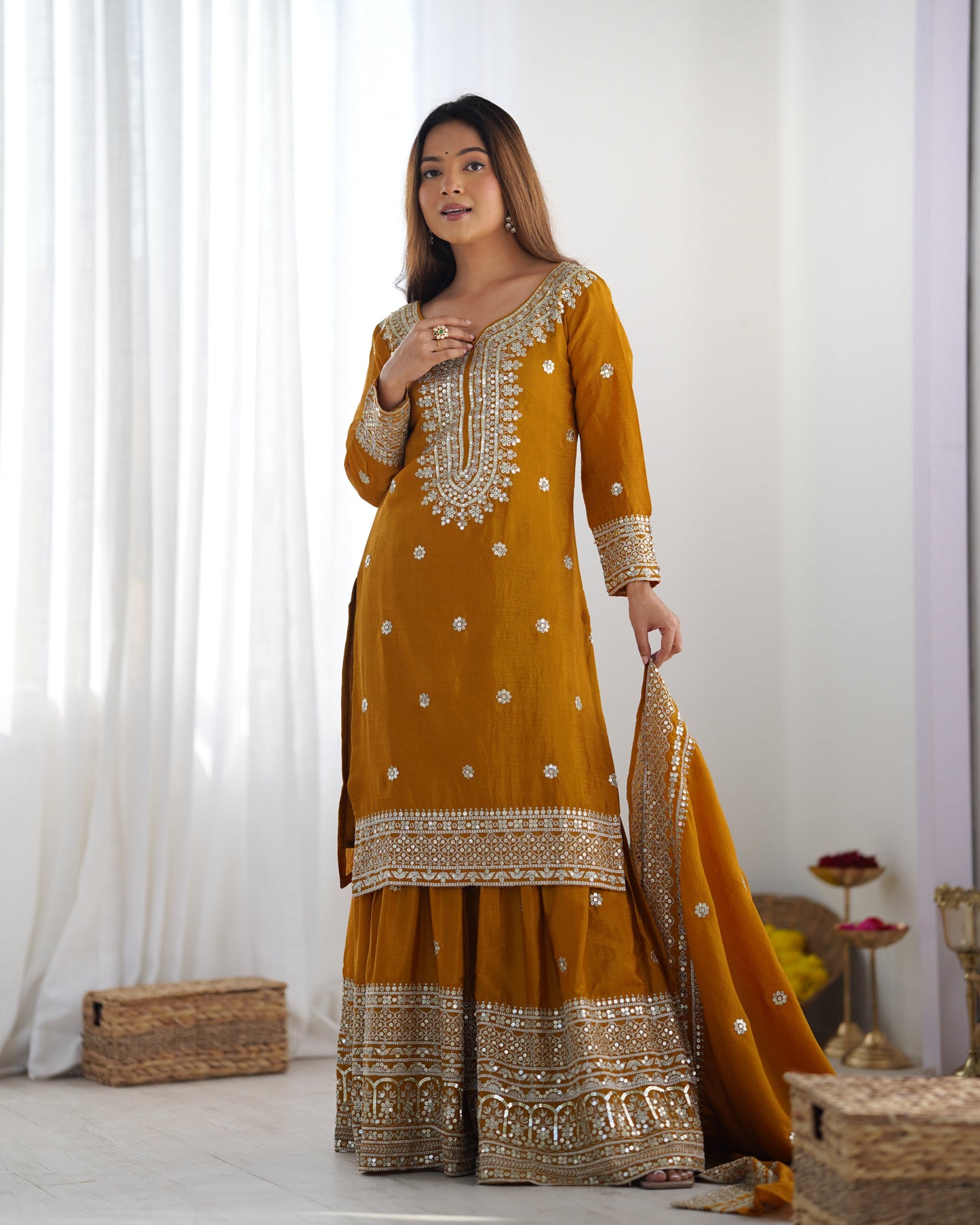 Magnificent Chinon Silk Sequins Embroidered Top Sharara Suit