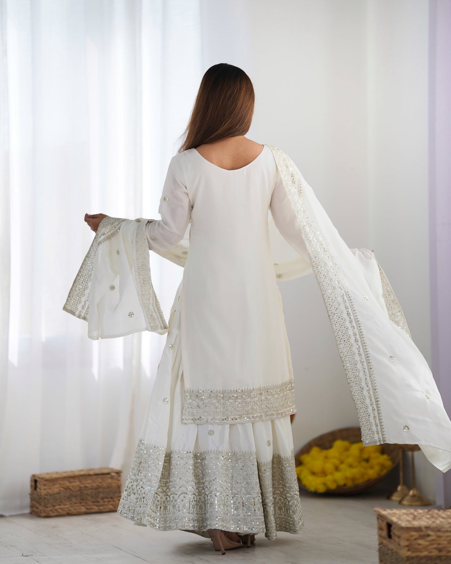 Magnificent Chinon Silk Sequins Embroidered Top Sharara Suit