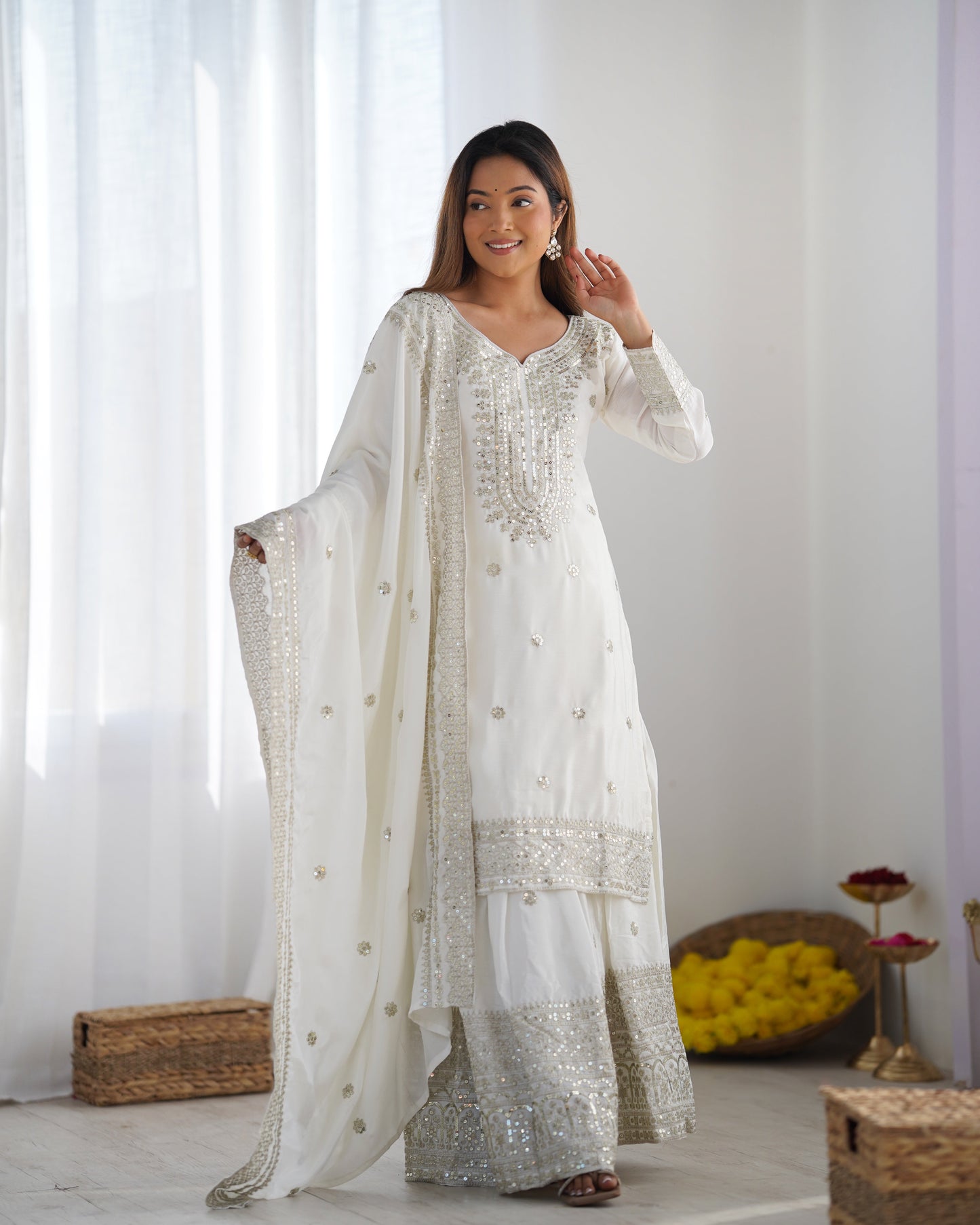 Magnificent Chinon Silk Sequins Embroidered Top Sharara Suit