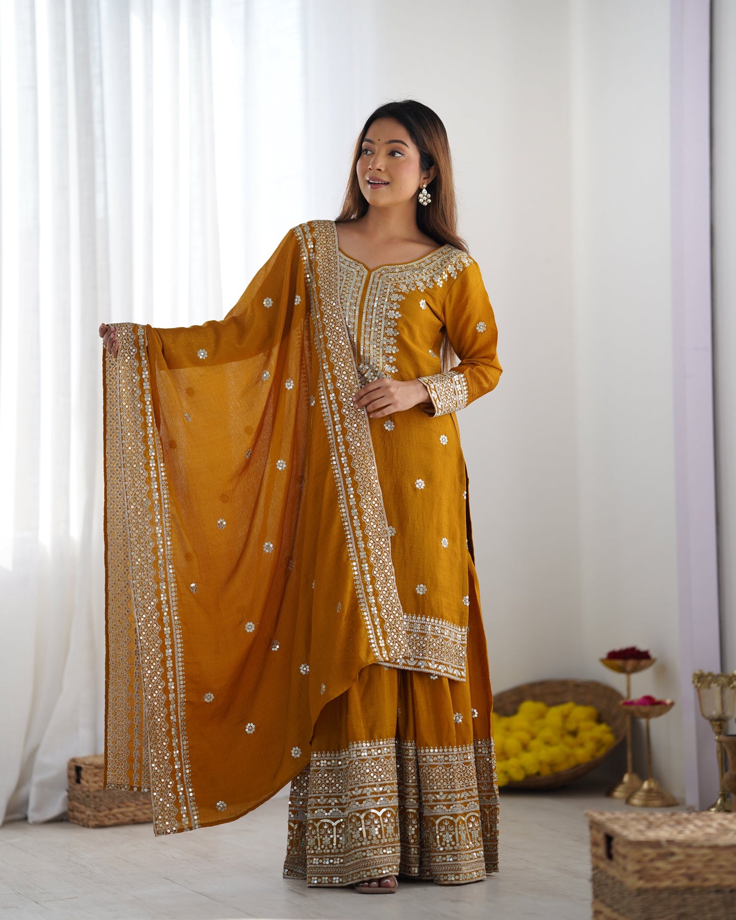Magnificent Chinon Silk Sequins Embroidered Top Sharara Suit