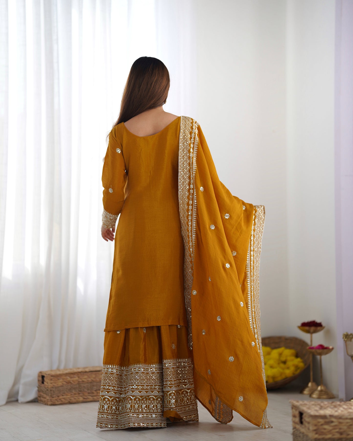 Magnificent Chinon Silk Sequins Embroidered Top Sharara Suit