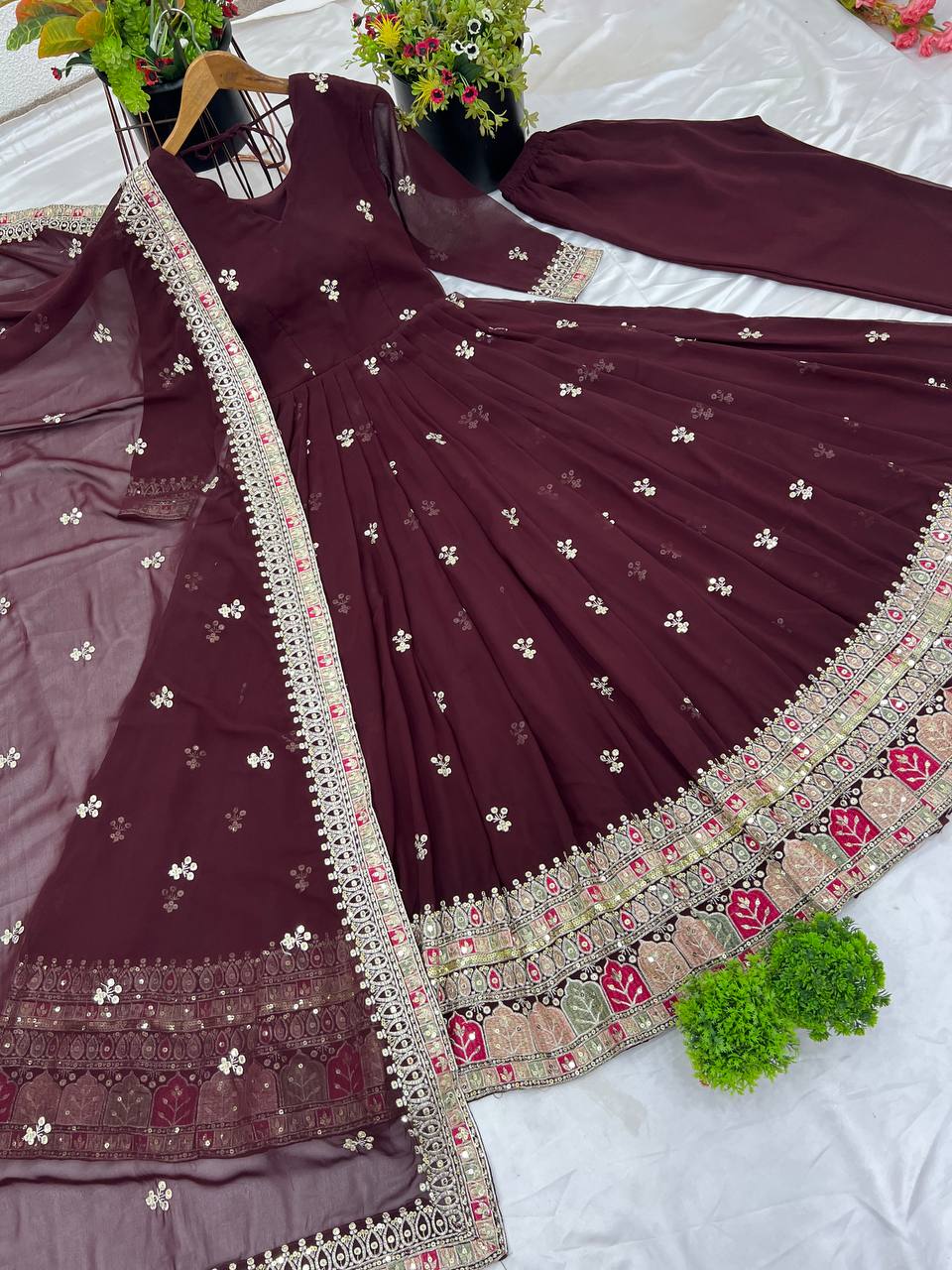 Graceful Faux Georgette Sequins Embroidered Designer Gown - Ethnicwish