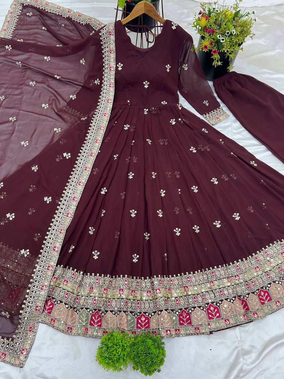 Graceful Faux Georgette Sequins Embroidered Designer Gown - Ethnicwish