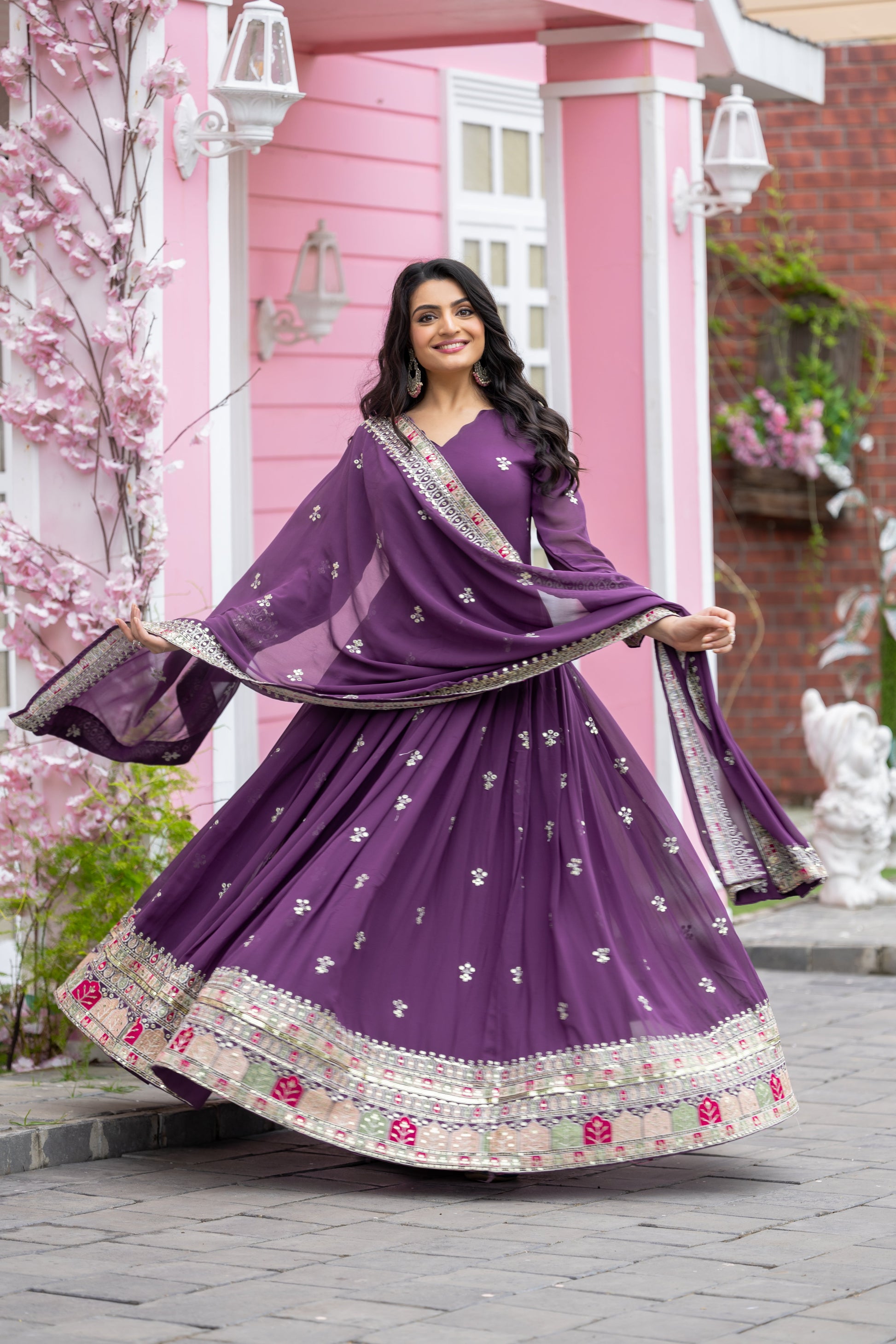 Graceful Faux Georgette Sequins Embroidered Designer Gown - Ethnicwish