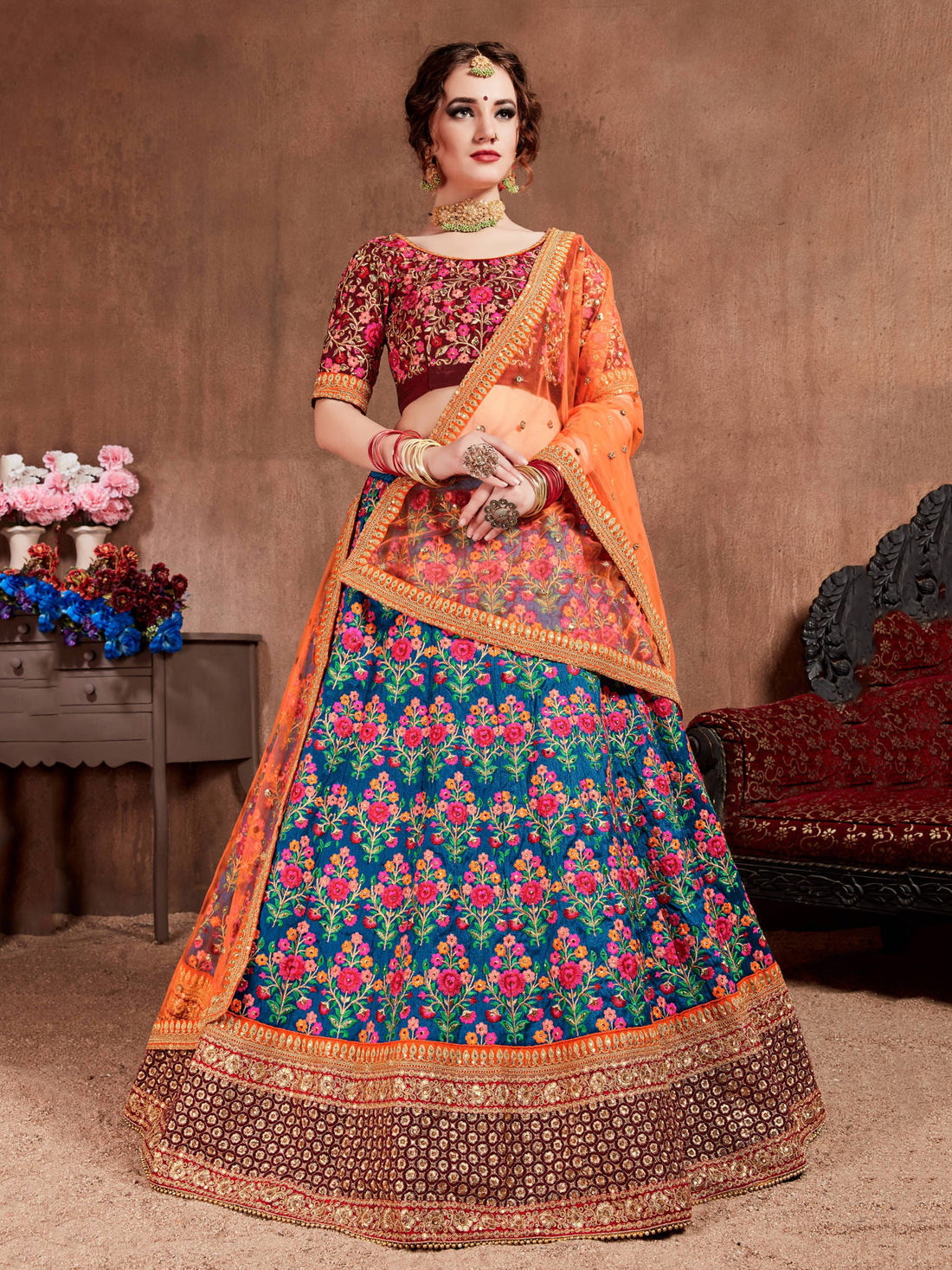 Teal Blue Floral Embroidered Lehenga Choli with Orange Dupatta