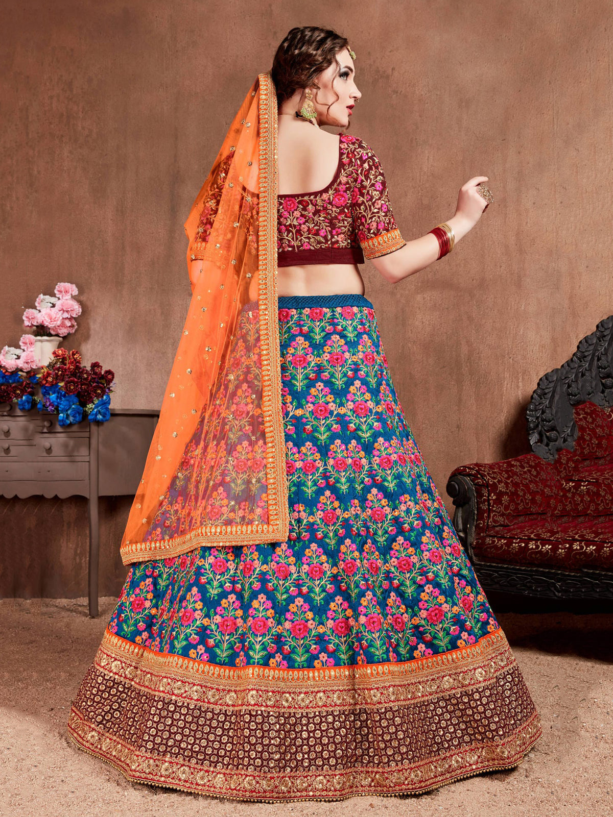 Teal Blue Floral Embroidered Lehenga Choli with Orange Dupatta