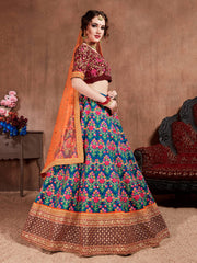 Teal Blue Floral Embroidered Lehenga Choli with Orange Dupatta