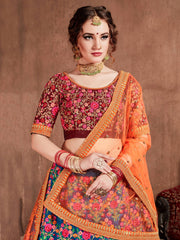 Teal Blue Floral Embroidered Lehenga Choli with Orange Dupatta