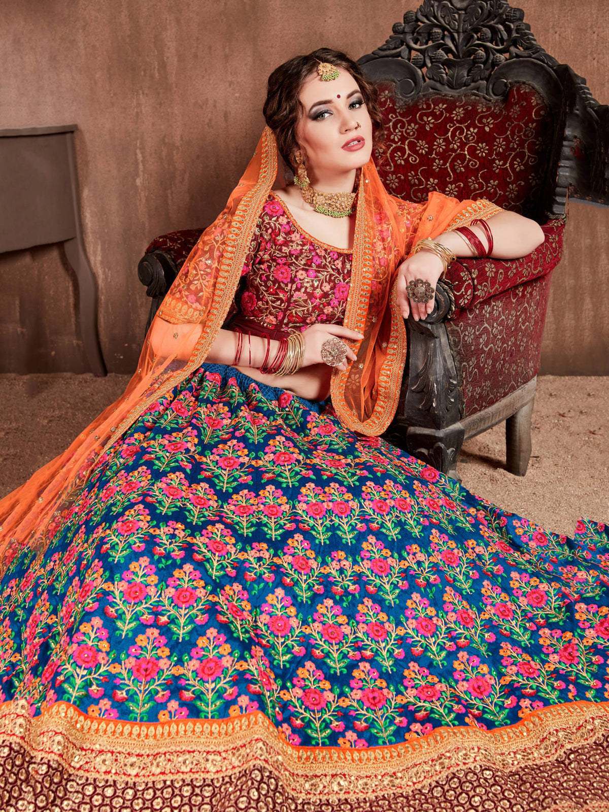 Teal Blue Floral Embroidered Lehenga Choli with Orange Dupatta