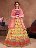 Yellow Floral Embroidered Lehenga Choli with Pink Dupatta