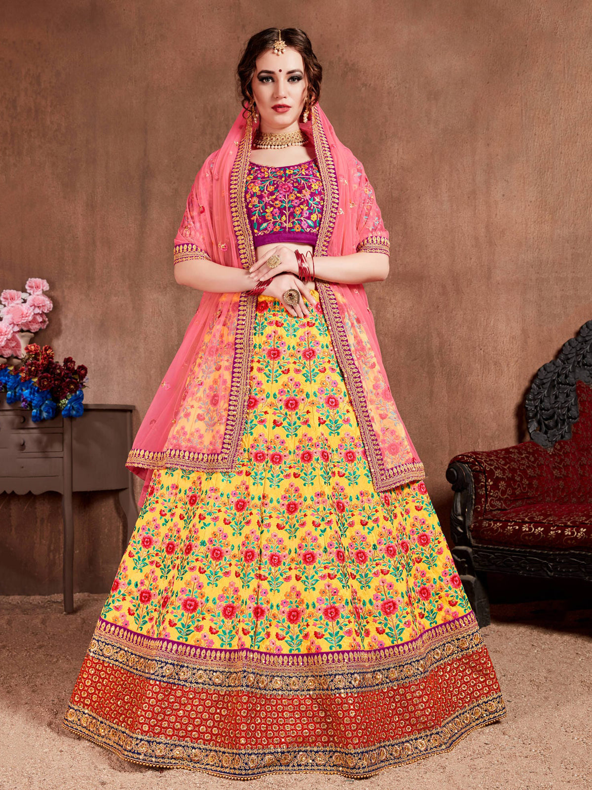 Yellow Floral Embroidered Lehenga Choli with Pink Dupatta