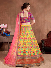 Yellow Floral Embroidered Lehenga Choli with Pink Dupatta