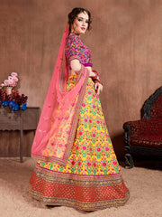 Yellow Floral Embroidered Lehenga Choli with Pink Dupatta