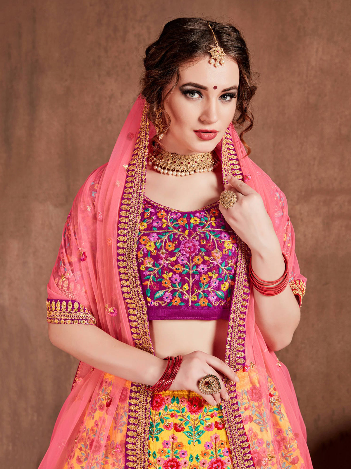 Yellow Floral Embroidered Lehenga Choli with Pink Dupatta