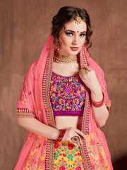 Yellow Floral Embroidered Lehenga Choli with Pink Dupatta