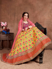 Yellow Floral Embroidered Lehenga Choli with Pink Dupatta