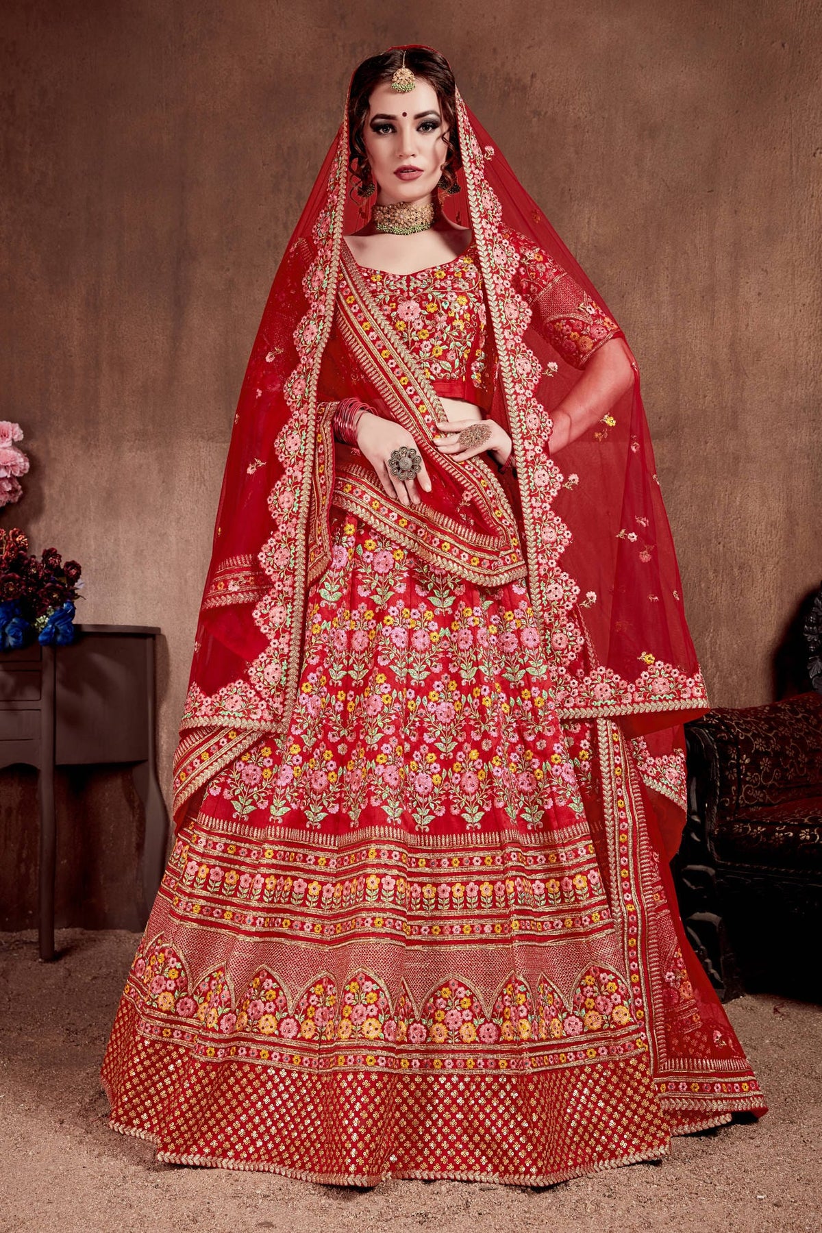 Red Floral Embroidered Bridal Lehenga Choli with Matching Dupatta