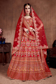 Red Floral Embroidered Bridal Lehenga Choli with Matching Dupatta