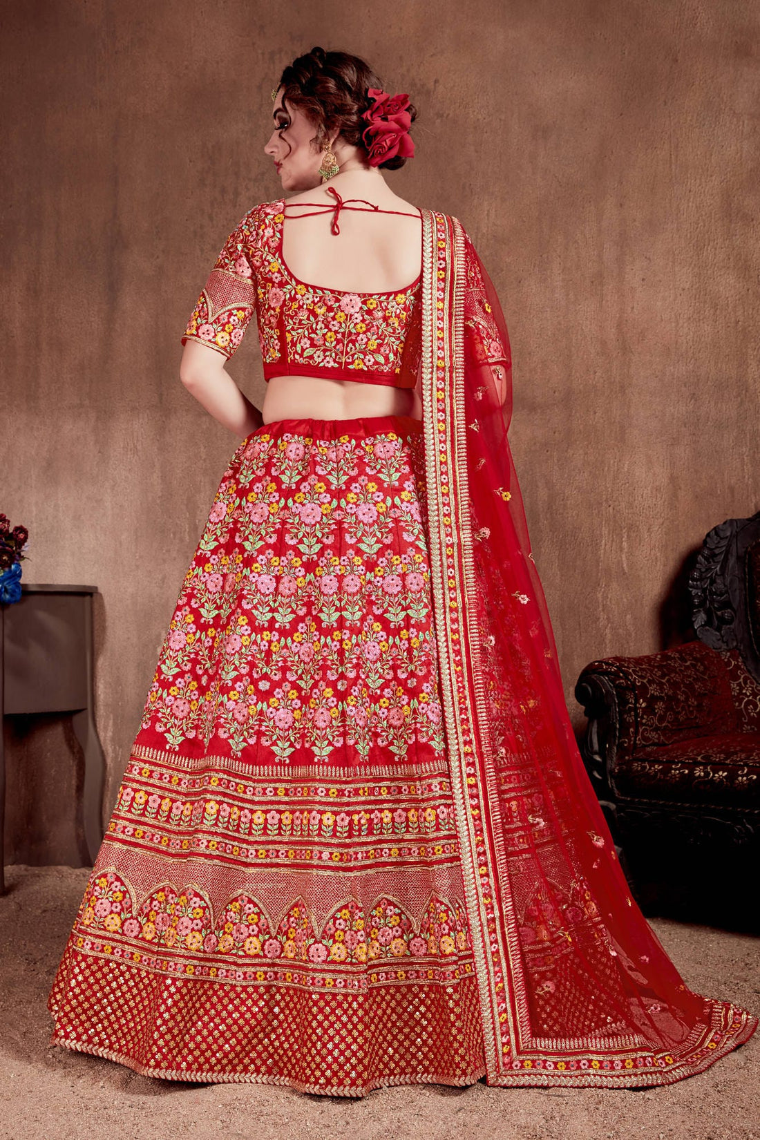Red Floral Embroidered Bridal Lehenga Choli with Matching Dupatta