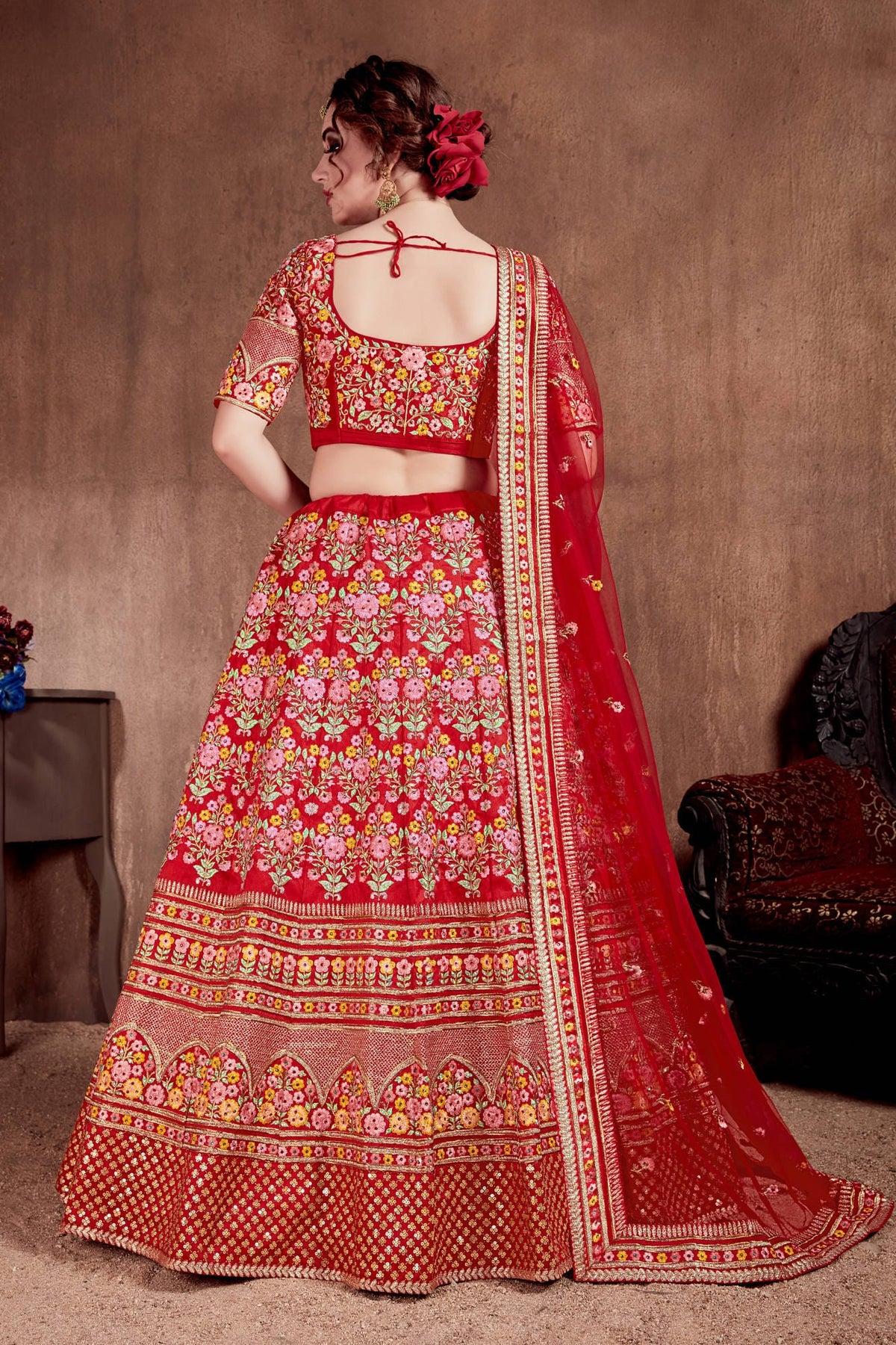 Red Floral Embroidered Bridal Lehenga Choli with Matching Dupatta