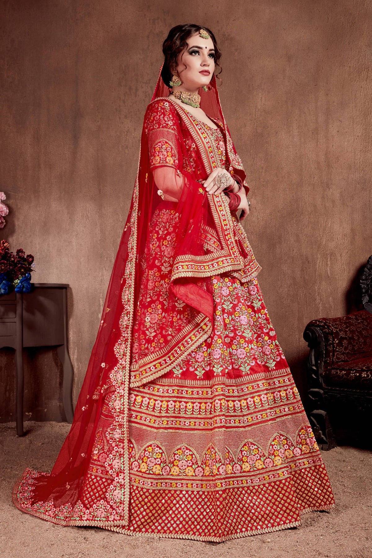Red Floral Embroidered Bridal Lehenga Choli with Matching Dupatta