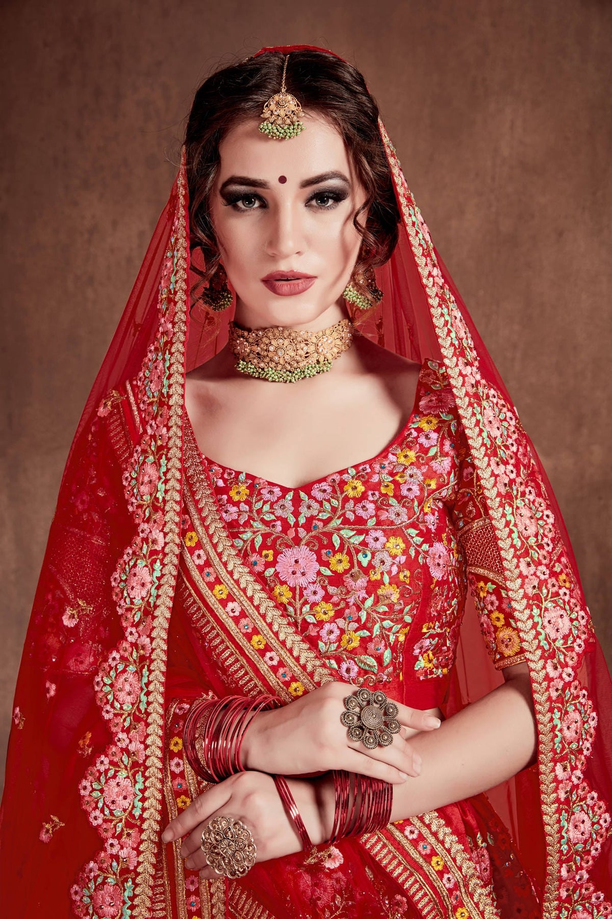 Red Floral Embroidered Bridal Lehenga Choli with Matching Dupatta