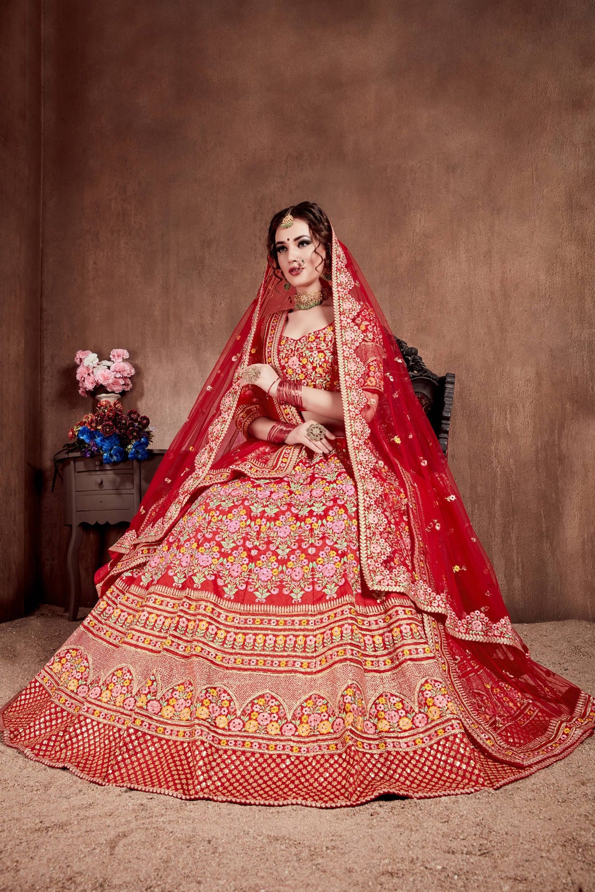 Red Floral Embroidered Bridal Lehenga Choli with Matching Dupatta