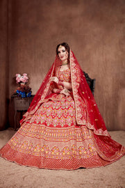 Red Floral Embroidered Bridal Lehenga Choli with Matching Dupatta