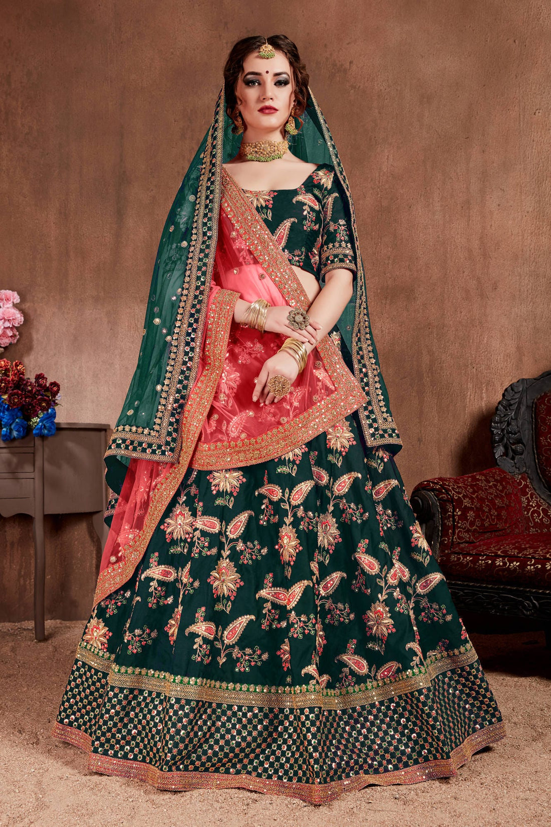 Dark Green Floral Embroidered Lehenga Choli with Pink Dupatta