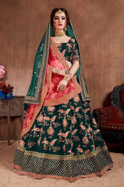Dark Green Floral Embroidered Lehenga Choli with Pink Dupatta