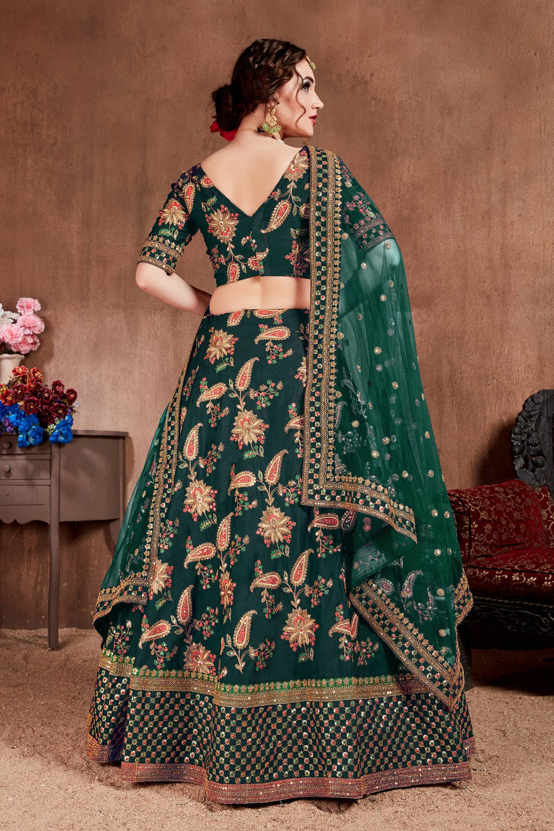 Dark Green Floral Embroidered Lehenga Choli with Pink Dupatta