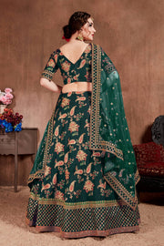 Dark Green Floral Embroidered Lehenga Choli with Pink Dupatta