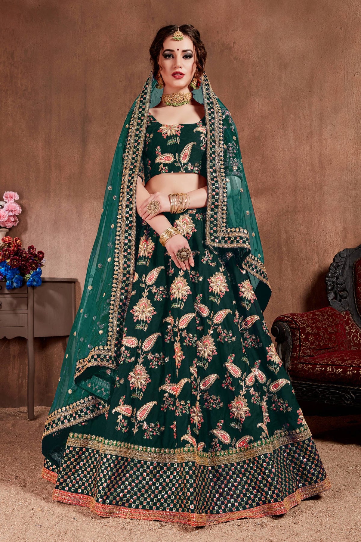 Dark Green Floral Embroidered Lehenga Choli with Pink Dupatta