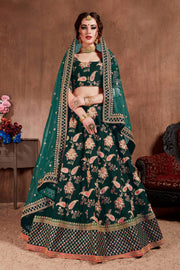 Dark Green Floral Embroidered Lehenga Choli with Pink Dupatta