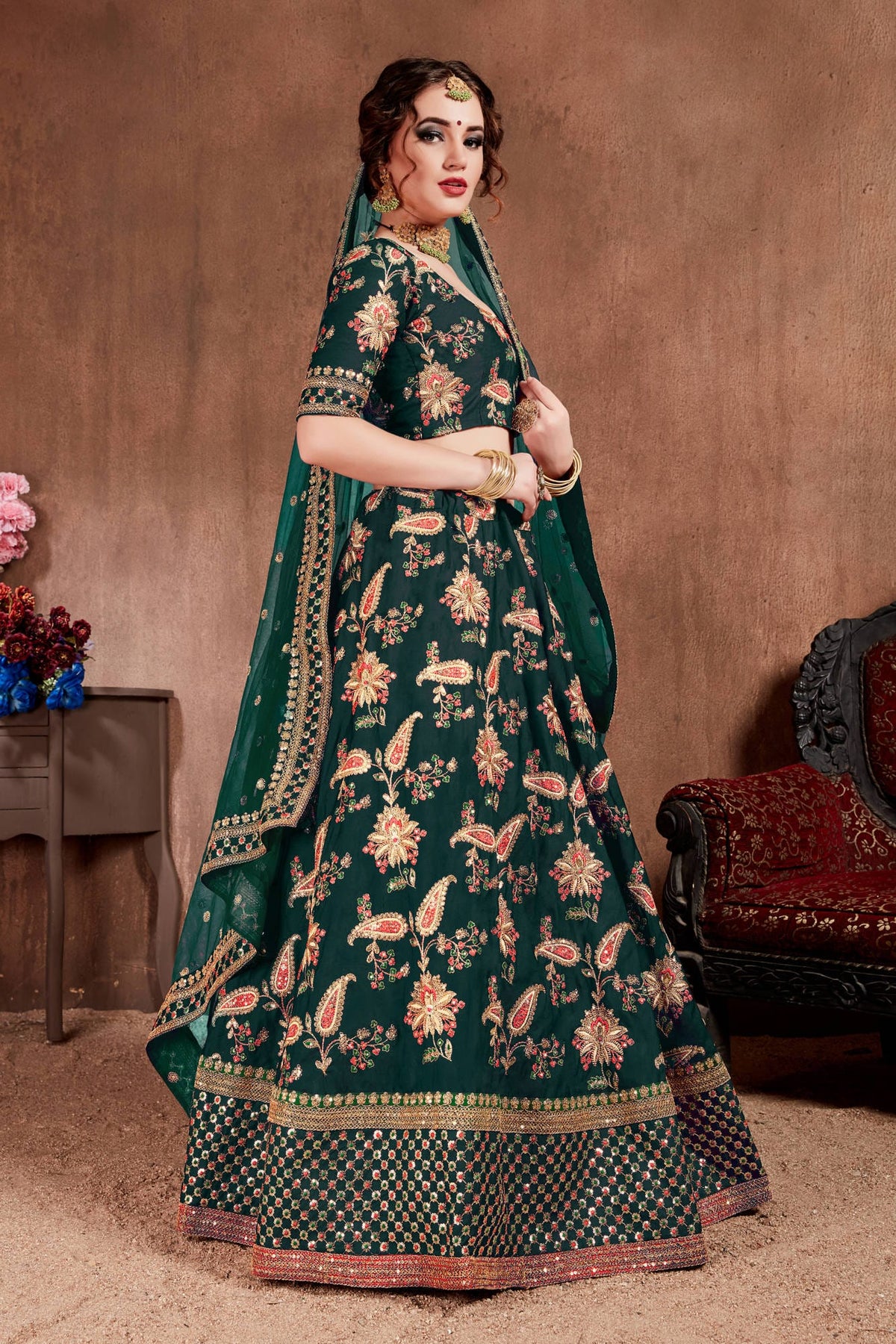 Dark Green Floral Embroidered Lehenga Choli with Pink Dupatta