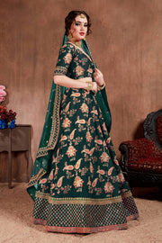 Dark Green Floral Embroidered Lehenga Choli with Pink Dupatta