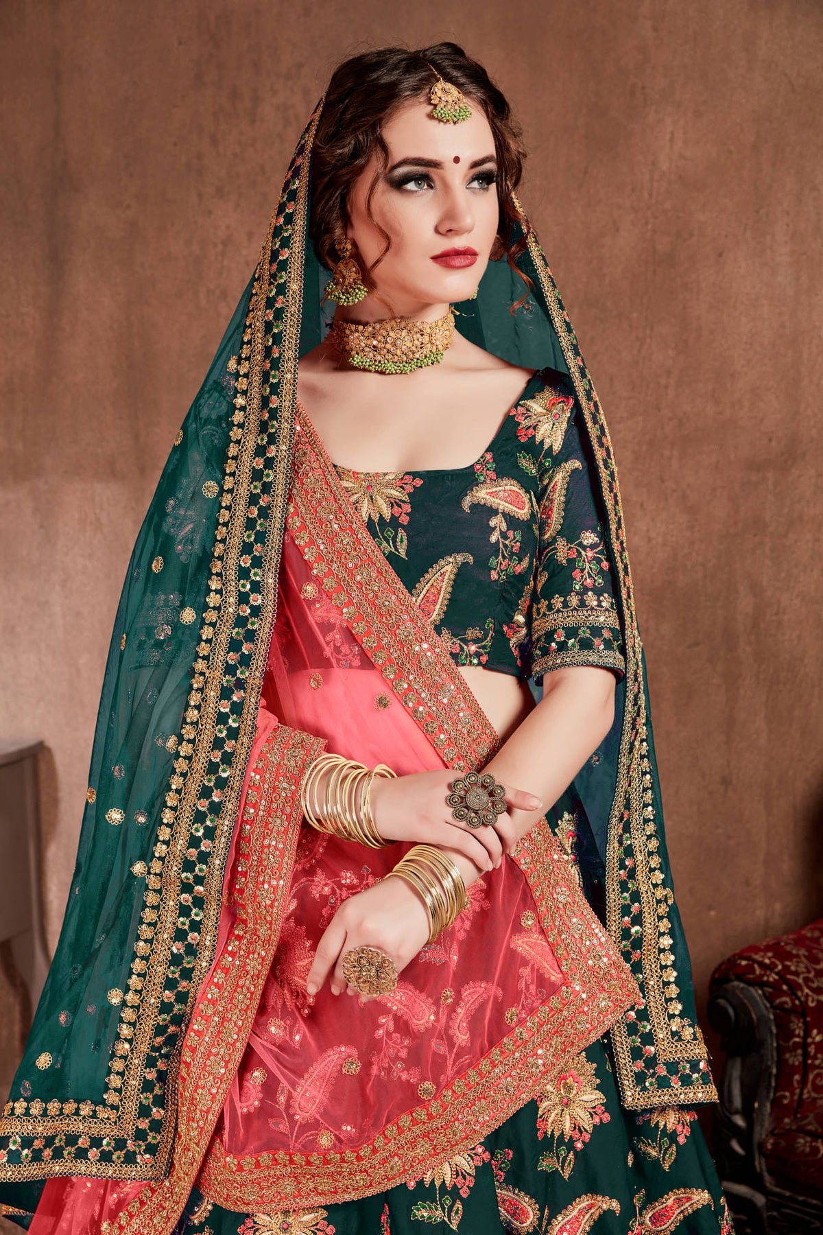 Dark Green Floral Embroidered Lehenga Choli with Pink Dupatta