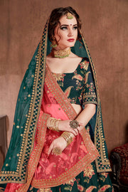 Dark Green Floral Embroidered Lehenga Choli with Pink Dupatta
