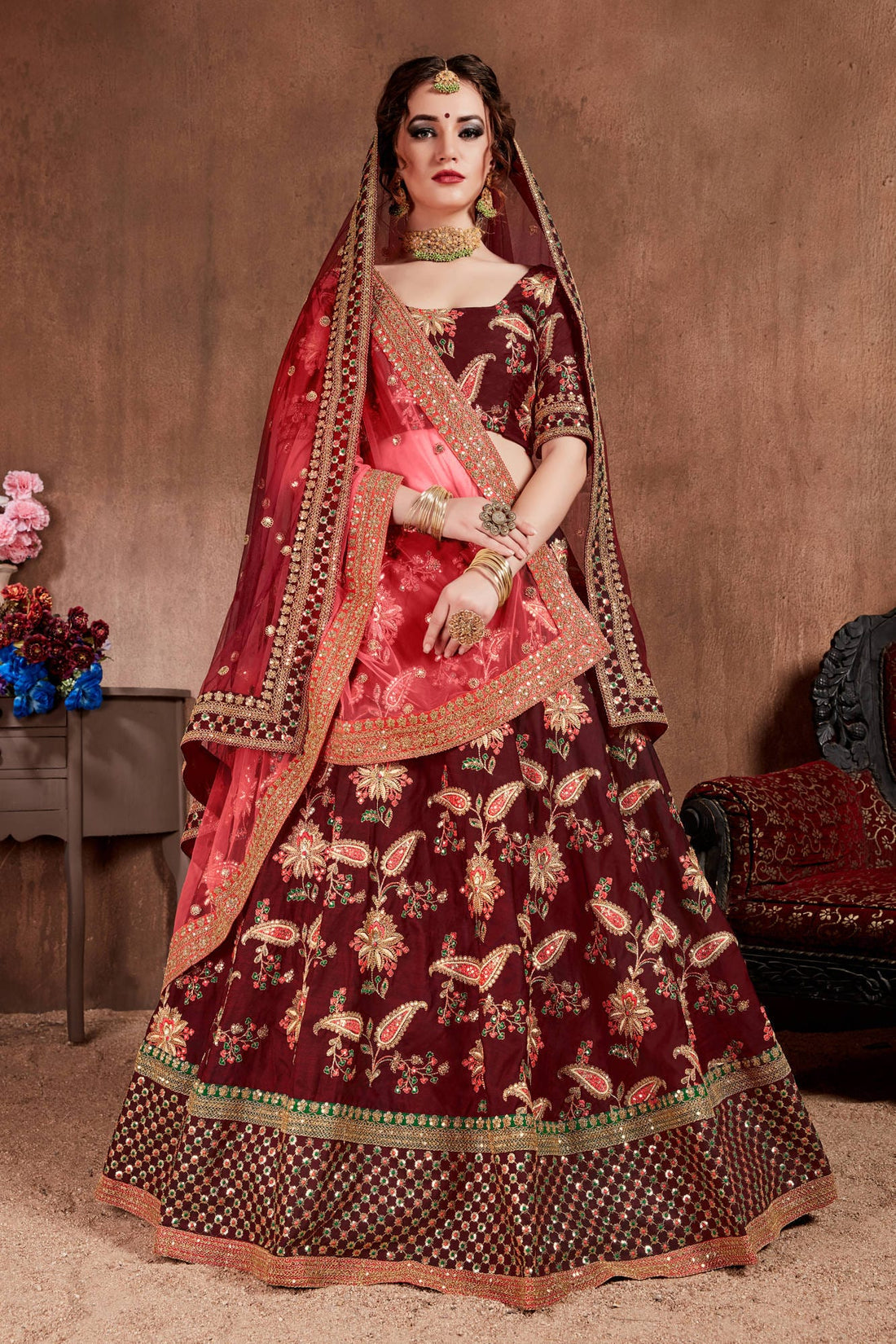 Maroon Floral Embroidered Lehenga Choli with Pink Dupatta