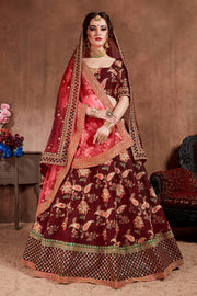 Maroon Floral Embroidered Lehenga Choli with Pink Dupatta