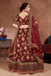 Maroon Floral Embroidered Lehenga Choli with Pink Dupatta