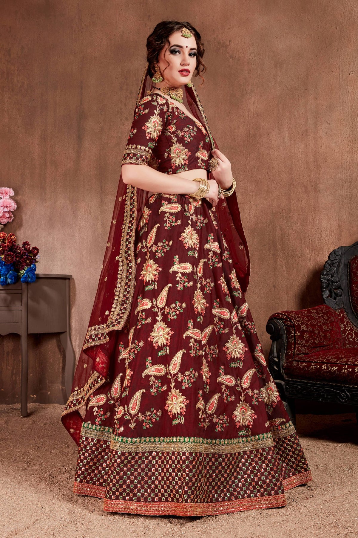 Maroon Floral Embroidered Lehenga Choli with Pink Dupatta