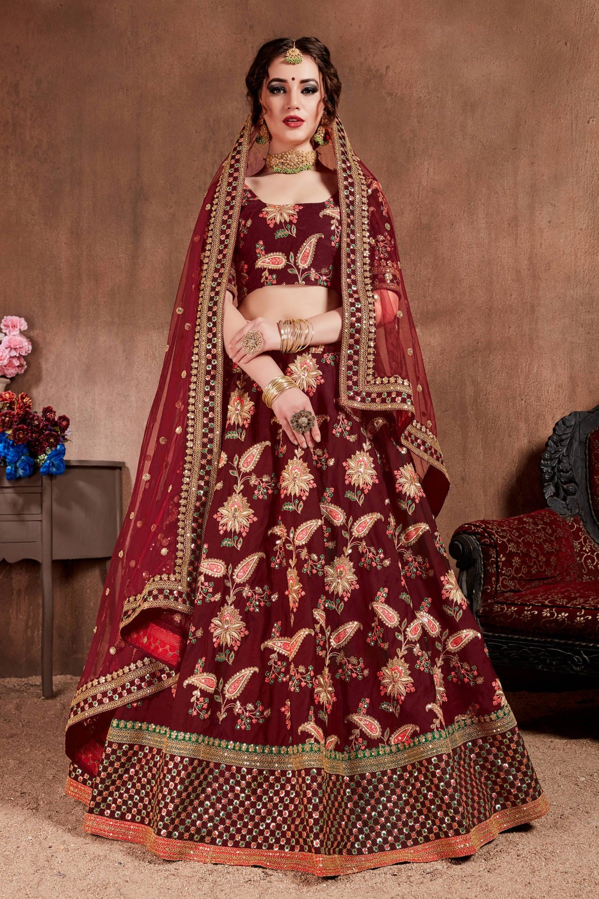 Maroon Floral Embroidered Lehenga Choli with Pink Dupatta