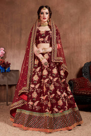 Maroon Floral Embroidered Lehenga Choli with Pink Dupatta
