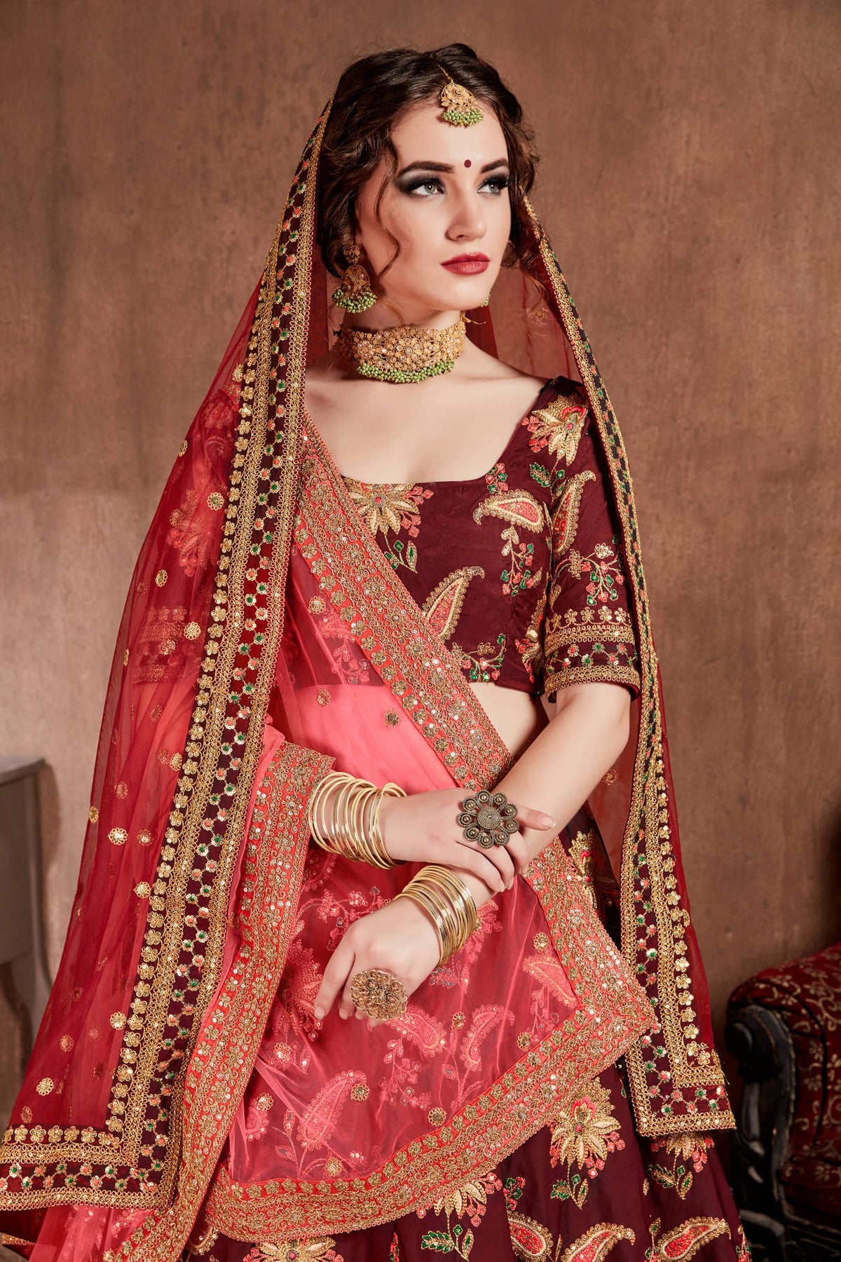 Maroon Floral Embroidered Lehenga Choli with Pink Dupatta